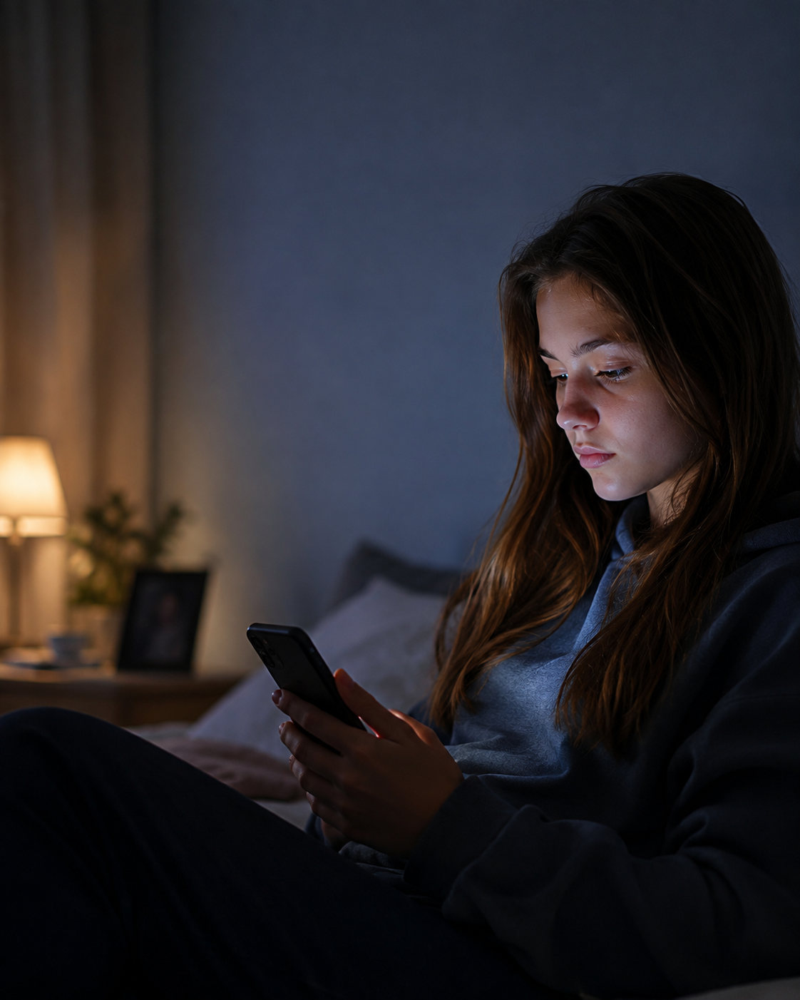 Adolescente usando celular à noite